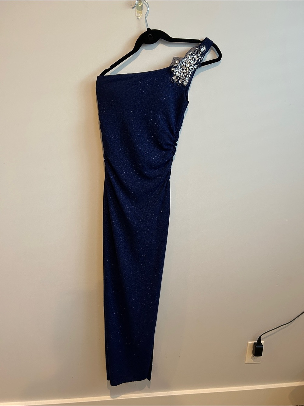 Emerald Sundae One-Shoulder Navy Evening Gown with Beaded Shoulder
